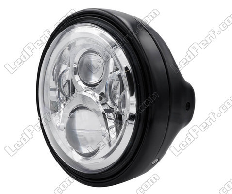 Beispiel eines schwarzen runden Scheinwerfers mit verchromter LED-Optik von Moto-Guzzi V9 Bobber 850